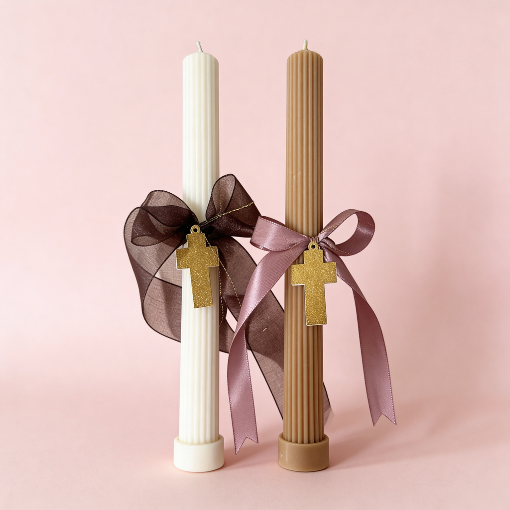 Beeswax Soy Easter Candle – Lambatha Godchild Gift with Shimmer Cross - Palm Sunday Candle