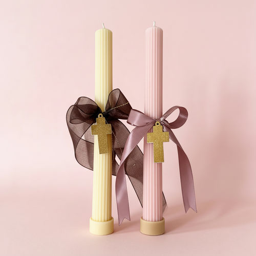 Beeswax Soy Easter Candle – Lambatha Godchild Gift with Shimmer Cross - Palm Sunday Candle